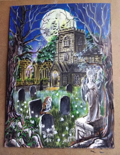 Chris B, Spooky Churchyard at night, acrylic.